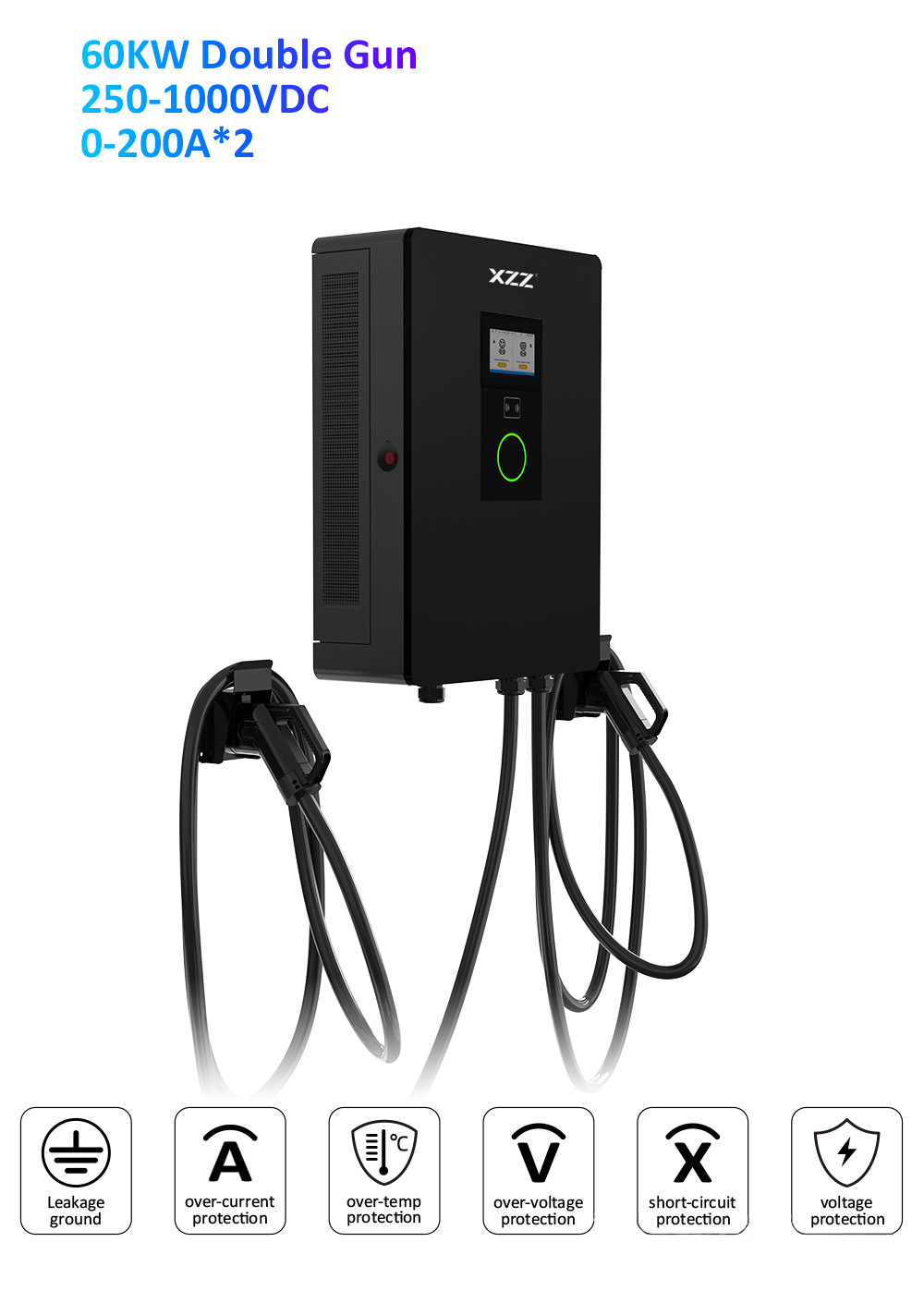 XZZ DC Double Gun EV Charger 40KW/60KW EV Charging Station WiFi Smart APP Control OCPP Fast Car Charger Mini DC Charging Station Wall-mounted Or Pole-mounted CCS1/2