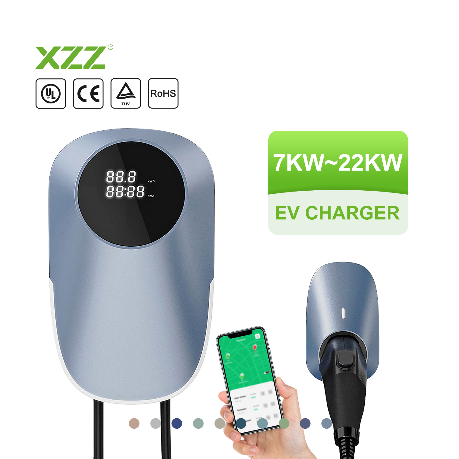 XZZ Home AC EV Charger Type2 32A/40A EV Charger 7KW/11KW/22KW OCPP1.6 Wall-mounted EV Charger, Wi-Fi And Bluetooth Enabled EVSE, Flexible 16-Foot CableCharging Evse EV Wallbox Station