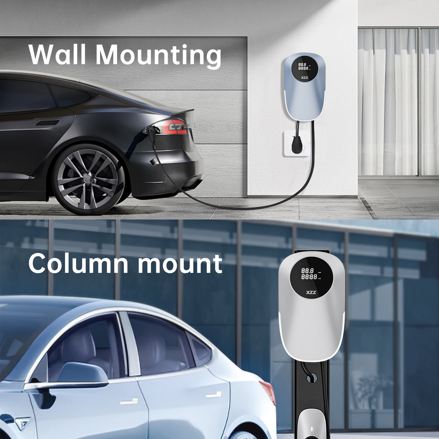 XZZ Home AC EV Charger Type2 32A/40A EV Charger 7KW/11KW/22KW OCPP1.6 Wall-mounted EV Charger, Wi-Fi And Bluetooth Enabled EVSE, Flexible 16-Foot CableCharging Evse EV Wallbox Station