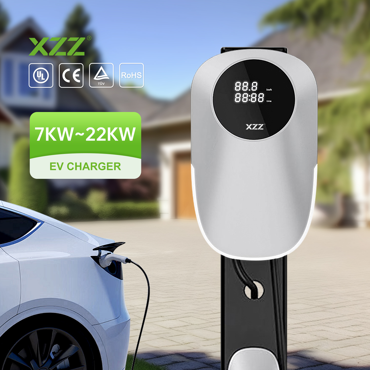 XZZ Home AC EV Charger Type2 32A/40A EV Charger 7KW/11KW/22KW OCPP1.6 Wall-mounted EV Charger, Wi-Fi And Bluetooth Enabled EVSE, Flexible 16-Foot CableCharging Evse EV Wallbox Station